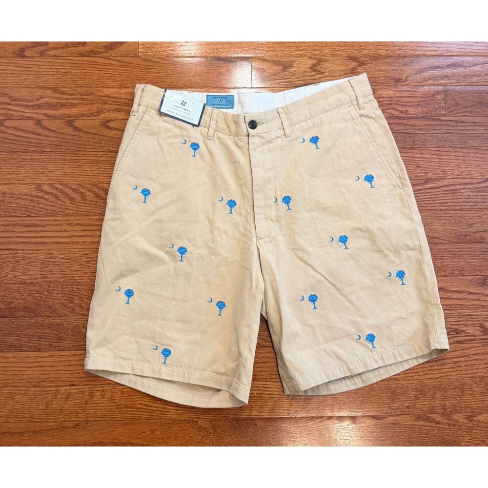 Castaway Nantucket Island Shorts Mens 34 Khaki Embroidered Palmetto Moon Preppy